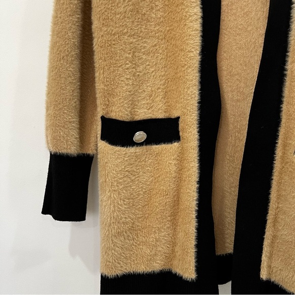 Rachel Zoe Eyelash Fuzzy Cardigan Size Small Camel Black Open Front Long Sweater - Picture 5 of 7